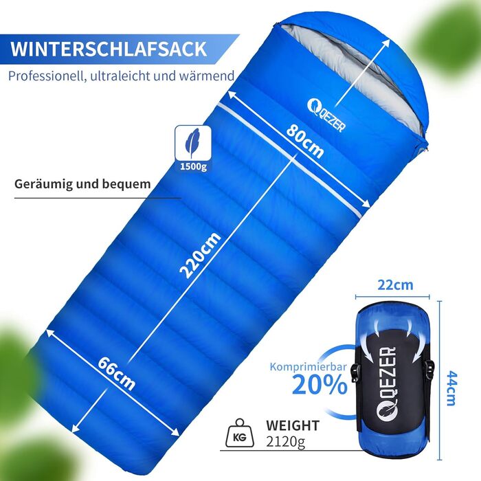 Спальний мішок Daunenschlafsack: 4-сезонний, зимовий, -3°C до -20°C. Підходить для кемпінгу, піших прогулянок та відпочинку на природі. Для дорослих та дітей. Чорний, -3°C до -12°C. Синій, -8°C до -18°C