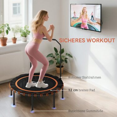Спортивний Батут SPORTNOW з регульованим поручнем, ідеальний для занять вдома та на вулиці. Міцний сталевий каркас, безпечне пластикове покриття, яскравий оранжевий колір.