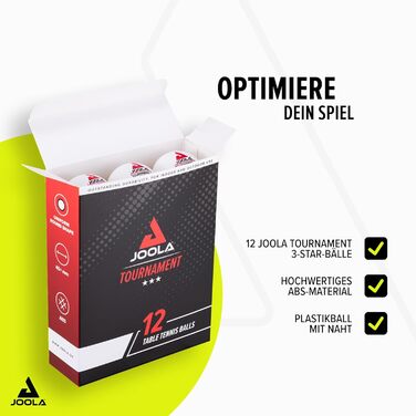 М'ячі для настільного тенісу JOOLA Tournament Selektierte, 40+ мм, 3 зірки, преміум-якість, для гри в приміщенні та на вулиці, білі, 12 шт.
