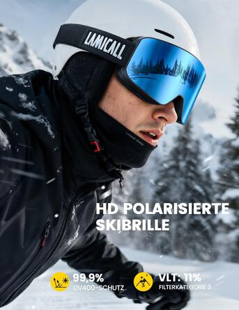 Ламікал - скі-маска для жінок та чоловіків, сноуборд маска з антизапітніючою технологією, дзеркальна, для носіїв окулярів, захист від сонця UV400, чорний каркас, блакитне скло (VLT: 11%)