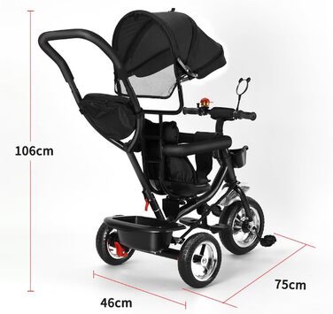 Триколісний велосипед для малюків 5 в 1, росте разом з дитиною, велосипед-коляска, поворотний сидіння 360°, штовхач, знімний капюшон, ремінь безпеки 3-точ., кошик, 1-5 років (5 в 1), чорний