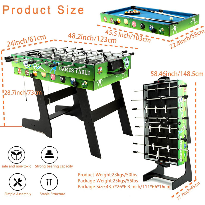 Складаний ігровий стіл 4 в 1: більярд, кікер, хокей на повітрі, тенісний стіл