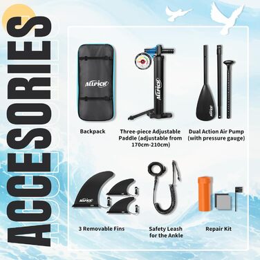 Надувний SUP Борд ALLPICK Premium Set: Комплектація для початківців та професіоналів, камера, аксесуари, регульоване весло, 200 кг, сіро-золотий