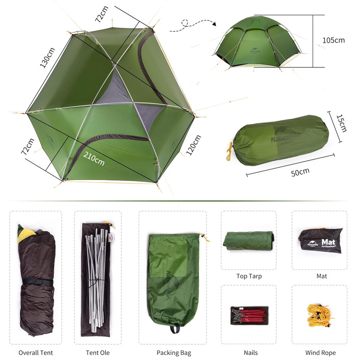 Намет Naturehike Cloud Peak: Ultraleicht 4-сезонний намет для кемпінгу на 2-3 особи, 20D, колір: Waldgrün