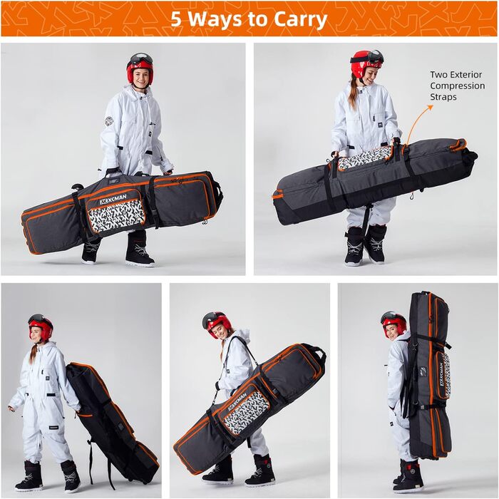 Сумка для сноуборду XCMAN з підкладкою та колесами, розширювана сумка-тележка для перевезення літаком, регульована довжина, водонепроникна, з захисними ребрами (Помаранчевий)