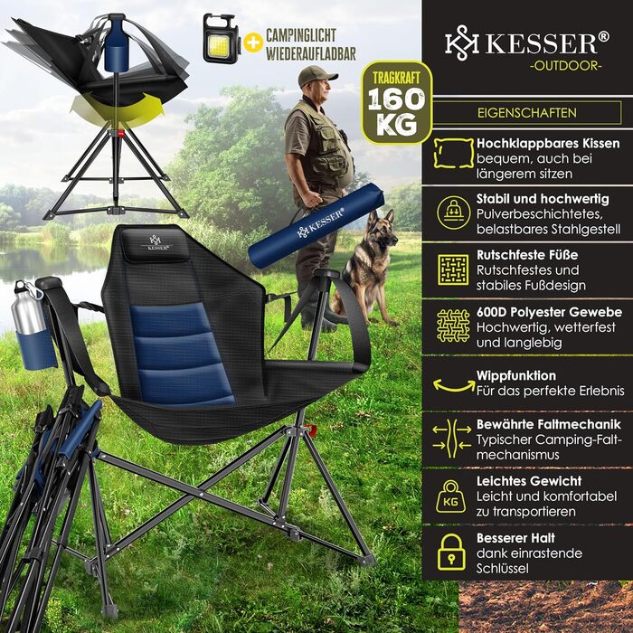 Крісло для кемпінгу KESSER® зі спинкою, 160 кг, з підсвіткою та тримачем для напоїв | Розкладне крісло-гойдалка для риболовлі, пляжу, відпочинку, хакі (темно-синій/чорний)