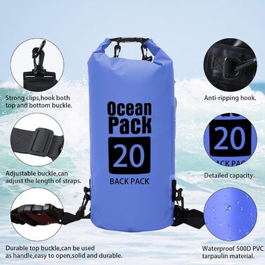 Водонепроникний мішок-сумка Dry Bag 20L, блакитний. Для каякінгу, сплаву, кемпінгу, походів та сноубордингу. Регульований ремінь.