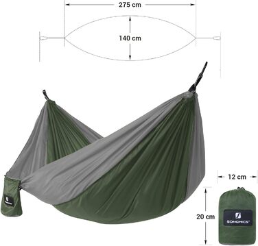 Гаммак SONGMICS для двох осіб, ultraleicht, Ripstop Nylon, до 300 кг, для кемпінгу та подорожей, зелений (275 x 140 см)