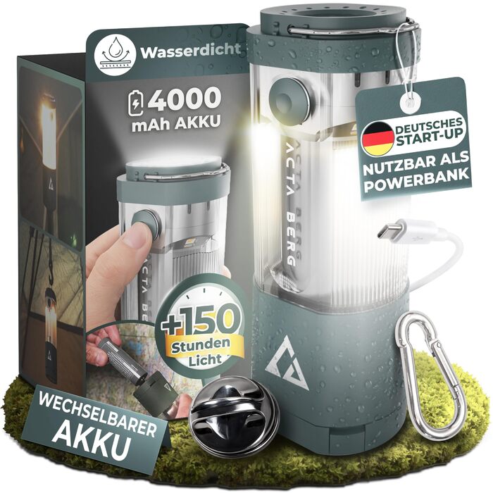 Ліхтар кемпінговий LED Acta Berg 450 люмен, акумуляторний з Power Bank (4000 mAh), до 150 год, IP44, оливково-сірий