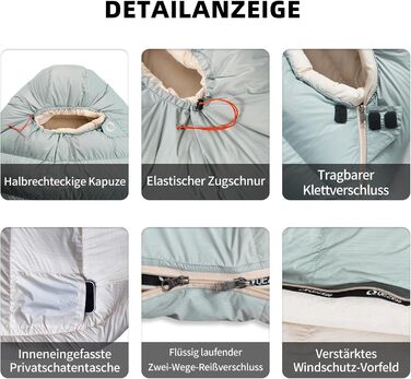 Спальний мішок зимовий Daunenschlafsack з графеновим покриттям, -24°C, 620FP, 1500г пуху, для кемпінгу, трекінгу, гірських походів (світло-зелений)