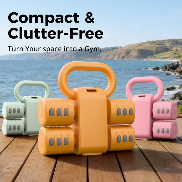 Набір 2-в-1: Регульовані гантелі та м'ячики-гантелі для фітнесу вдома, 4 ступені ваги (1-2.5 кг), для жінок, з антиковзним кріпленням. Жовтий колір.