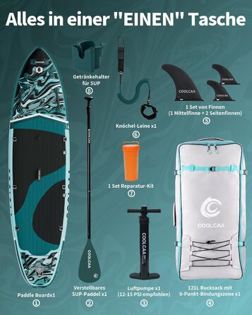 SUP дошка COOLCAA 355 см надувна, з веслом та аксесуарами, для дорослих до 222 кг