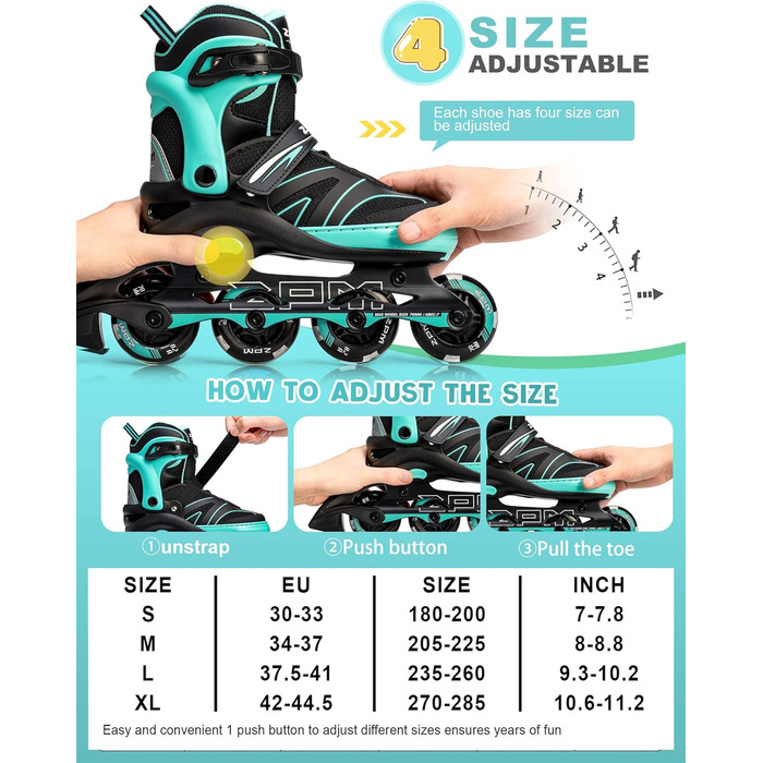 Ролики для дітей 2PM SPORTS, ролики для дівчаток та хлопчиків, середнього розміру (EU 34-37), зелені