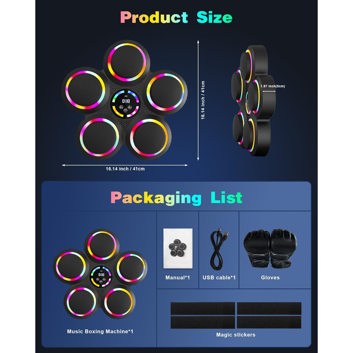 Музична бокс-машина з LED-підсвіткою та Bluetooth, 9 режимів швидкості та лічильник ударів, для дорослих та дітей, 5 ударних подушок