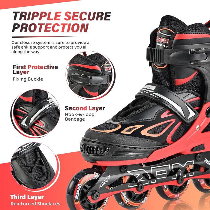 Дитячі ролики 2PM SPORTS з регулюванням, світлові, для дівчаток та хлопчиків (червоні, розмір EU 30-33)