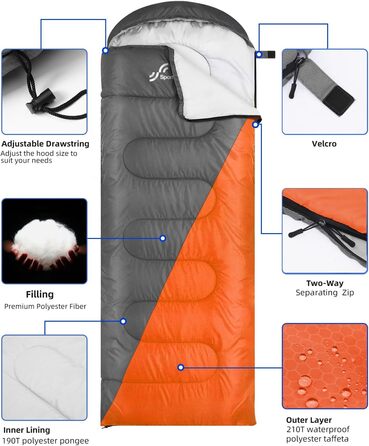 Сплячий мішок Outdoor Sportneer для кемпінгу: 3-4 сезонний літній спальний мішок, зимовий, компактний, легкий, для дорослих, 220x75 см, оранжево-сірий