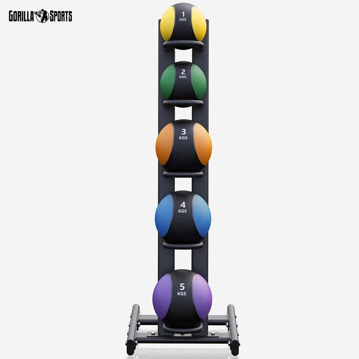 Медичний м'яч GORILLA SPORTS® - окремо/набір, 1-10 кг, з неслизькою поверхнею, гумовий, вибір кольору. Slam Ball, вантажний м'яч, тренувальний м'яч, слямбол (набір 15 кг з підставкою - багато кольорів)