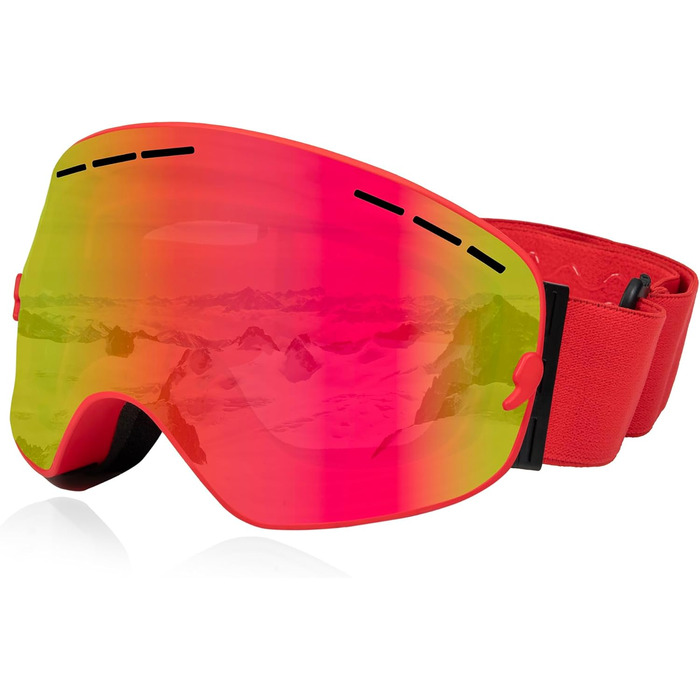 Окуляри для сноуборду Queshark: подвійна сферична лінза, UV400, антизапітніння, сумісність з шоломом, чорний & коричневий (червоний)