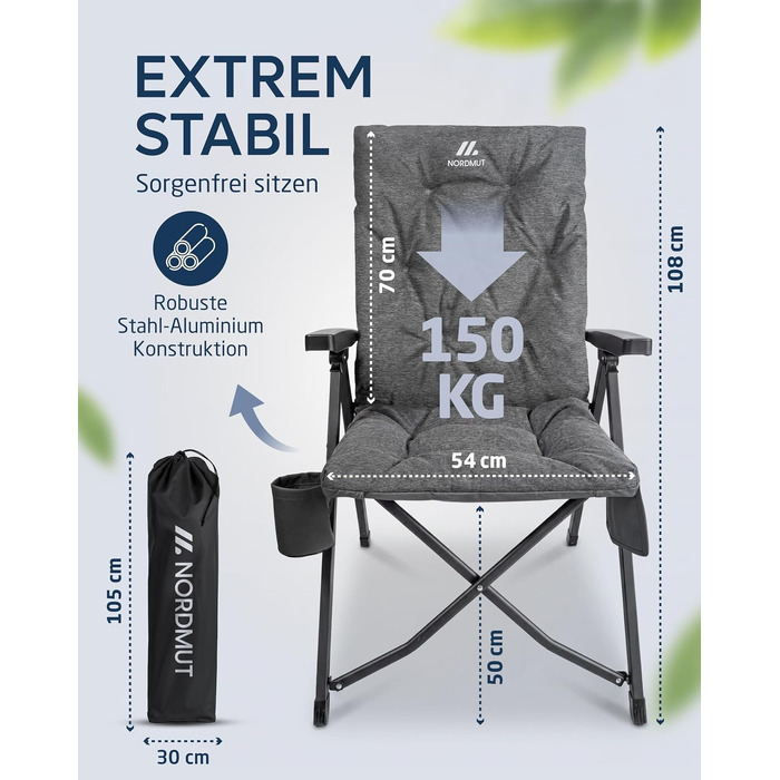 Розкладне кемпінгове крісло NORDMUT Premium з високою спинкою, 4 позиції нахилу, стілець для саду та відпочинку на природі (попелясто-сірий, 2 шт.)