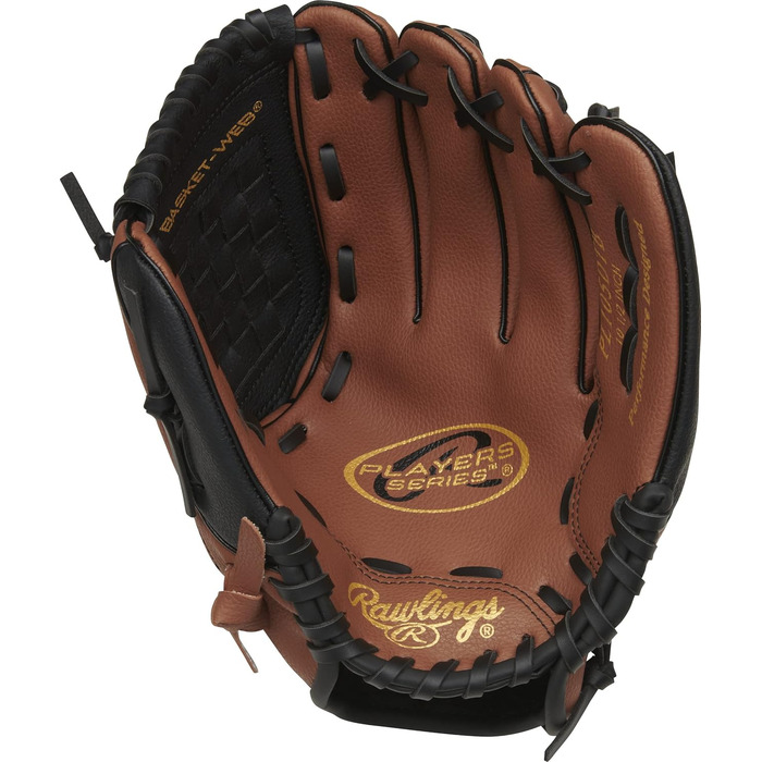 Дитяча бейсбольна рукавичка Rawlings Players Series для т-болу, права рука, розмір 9-11,5'' (26,7 см), для дітей 6-8 років, темно-коричнева/чорна