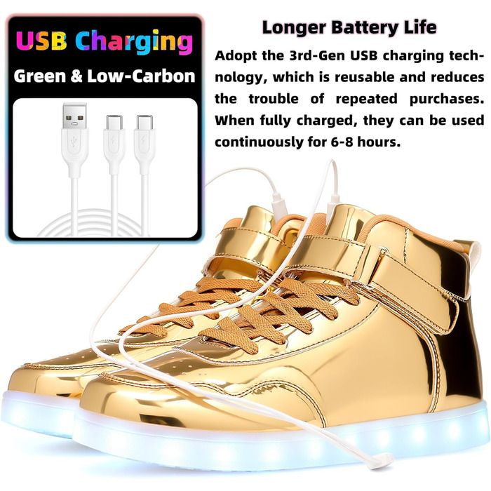 APTESOL LED кросівки високі, світлодіодні, зарядка USB, золото, для жінок та чоловіків, 42 EU