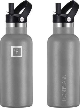 Фляга з нержавіючої сталі з 3 кришками - термофляга, витокозахисна, металева, двостінна, ізольована, без BPA, з трубочкою - 470 мл, графітовий колір