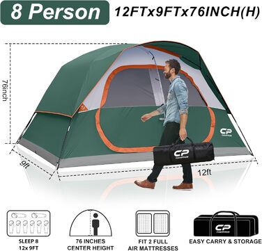 Намет сімейний CAMPROS Campingzelt 6-8 осіб, водонепроникний, 366x274x193 см, швидкозбірний, 4 сезони, з москітною сіткою та тамбуром, темно-зелений