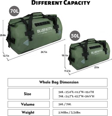 Водонепроникна сумка-мішок BlueFATTY 70 л, Army Green (Озеленений) для мотоциклів, SUP, каяків, подорожей