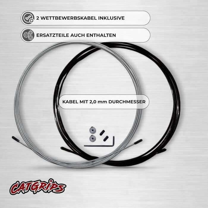 Стрибкове канат Crossfit CATGRIPS Springseil – Алюмінієва ручка, регульоване сталеве канат з підшипниками, легке професійне сеанс для залу та боксу, з сумкою та запасними частинами (Чорний)