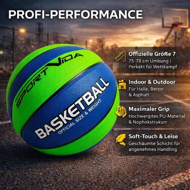 Баскетбольний м'яч SportVida, розмір 7 - для гри в залі та на вулиці, з преміум-шкіри PU - антиковзкий вуличний м'яч для бетону та залу - офіційний розмір змагань (75-78 см) (зелений та синій)