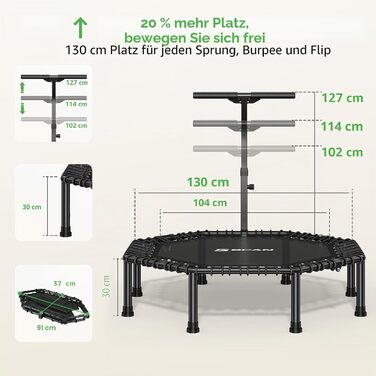 Фітнес-батут BCAN восьмикутний для дорослих, 130 см, до 205 кг, з регульованою Т-ручкою, амортизацією та шумозахистом, чорний