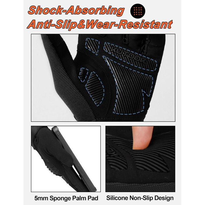 Велосипедні рукавички KUTOOK MTB для чоловіків та жінок, з підкладкою на долоні 5 мм, захист TPR SCR, сенсорний екран, дихаючі, зелені (XL, чорні)