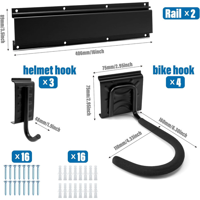 Настінний тримач для велосипедів Sinoer на 6 велосипедів та 5 шлемів, з гачками для зберігання інструментів, регульований для гаража або дому, вертикальний тримач (внутрішня ширина: 90 мм), 3 рейки, 6 велосипедів, 16 дюймів