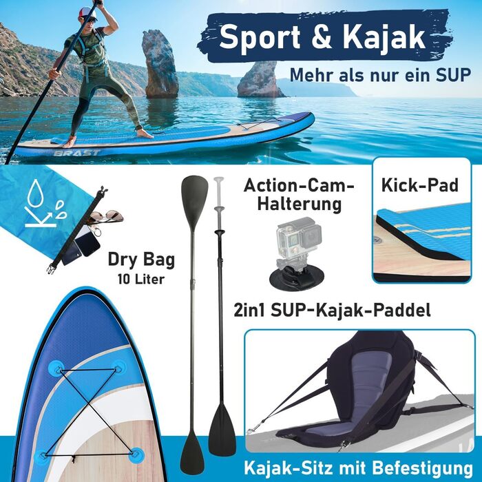 Надувний SUP Борд BRAST Tropic | Комплект для станд-ап паддлбордингу | 320x81x15 см | 6 дизайнів | 5 років гарантії | з аксесуарами | 2-в-1: SUP та каяк | тримач для Action Cam, петля для ніг, насос, рюкзак