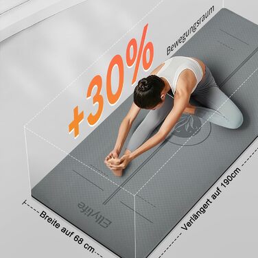 Протиковзкий килимок для йоги та пілатеса з еко-каучуку та TPE, 6мм, сірий — з лініями розмітки та ременем для перенесення