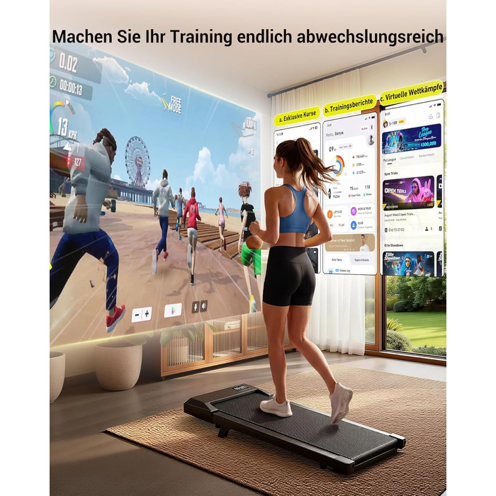 Складана бігова доріжка MJWW Raceable Walking Pad з нахилом 6-9%, потужність 2.5/3.0 HP, керування через додаток, AI-тренування та LED-дисплеєм для дому та офісу (чорна, 90 см)