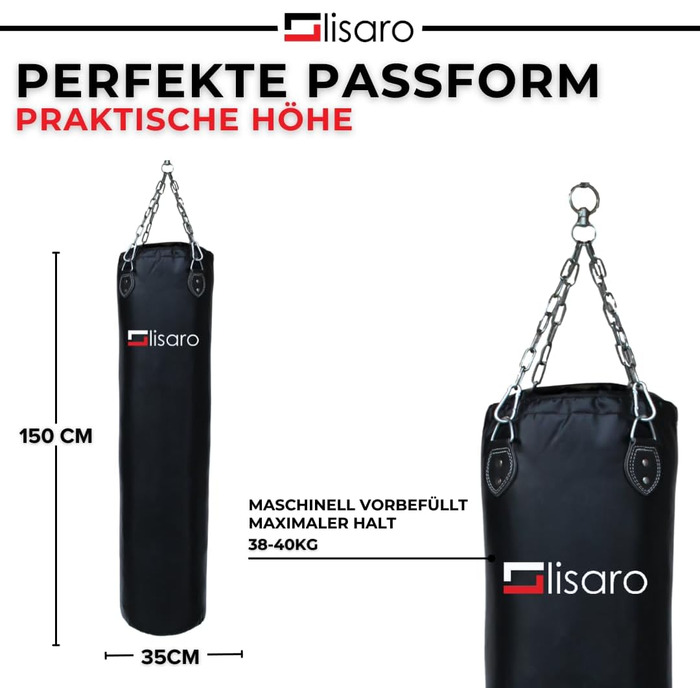 Боксерський мішок Lisaro Profi 150 x 35 см, наповнений, для боксу, кікбоксингу та MMA, штучна шкіра (вініл), з 4-точковим сталевим ланцюгом, чорний
