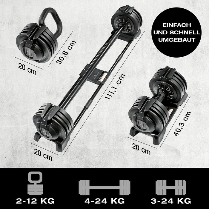 FitEngine Мультифункціональний гантельний набір 3-24 кг, регульований, коротка і довга штанга, гиря, для домашніх тренувань, силові вправи, витривалість