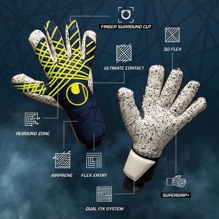 Воротарські рукавички Uhlsport Prediction Supergrip+ Finger Surround для дітей та дорослих, розмір 7, сині/білі/флуо-жовті, футбольні