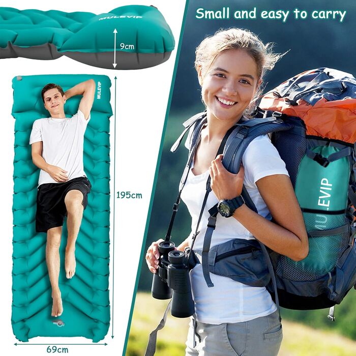 MULEVIP Килимок для кемпінгу з самонадувною подушкою, самонадувний килимок для кемпінгу з помпою для ніг, потовщений, водонепроникний, складаний, для піших прогулянок, подорожей, кемпінгу та пляжу