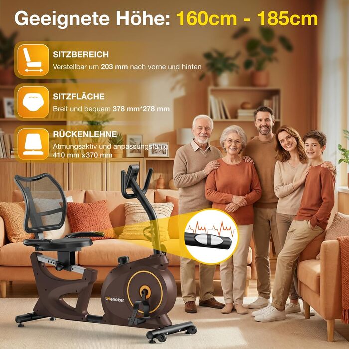 Ергометр для дому з магнітною гальмом, датчиками пульсу та LCD-дисплеєм, 15 рівнів опору, з підніжкою для спини, для людей похилого віку. Міцна конструкція, декілька налаштувань, колір горіх.