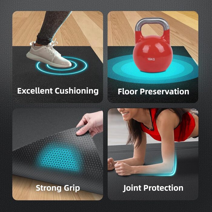 Йога-мат GymCope XXL 183x122 см, товщина 7 мм, нековзкий фітнес-килимок для тренувань вдома, кардіо, стрибків, високої щільності, чорний