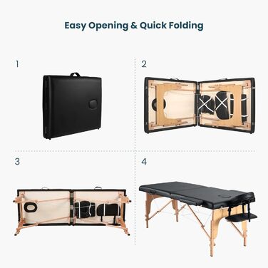 Складаний мобільний масажний стіл BODIOO з дерев'яними ніжками, 2 зони, регульована висота, до 250 кг, чорний