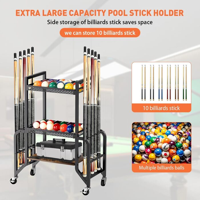 Стійка для більярду на 3 яруси для 10 київ, з 4 колесами (2 з гальмами), для більярдних кімнат, барів, клубів