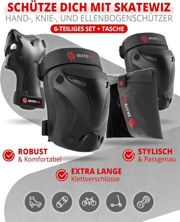 Набір захисту SKATEWIZ 6 шт. для дітей та дорослих - наколінники, налокітники, захист зап'ястків, чорний Protect-1 XS