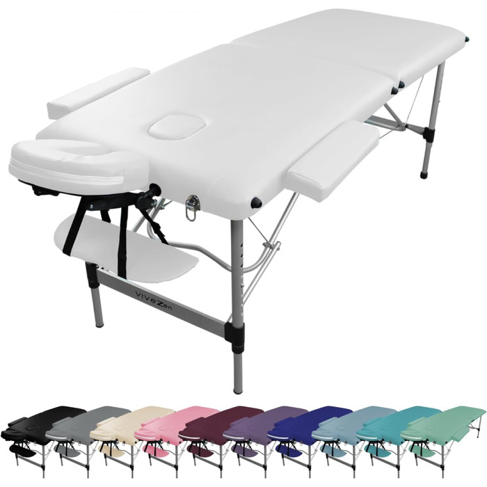 Складаний масажний стіл Vivezen з 2 зонами з алюмінію + аксесуари та сумка для транспортування, білий