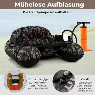 Надувний човен GYMAX для риболовлі з насосом, веслами, ластами та тримачами для вудлищ, belly boat з сіткою для риби та столиком для приманок, вантажопідйомність до 150 кг, камуфляж
