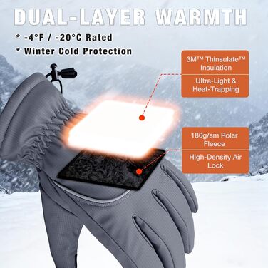 Рукавички зимові для чоловіків та жінок, велосипедні та гірськолижні, 3M Thinsulate, водонепроникні, теплі флісові з підтримкою сенсорного екрану, сірі, розмір L