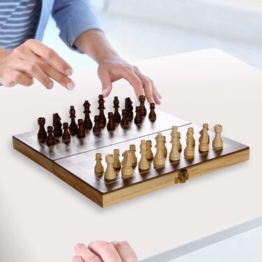 ASNEY Шахи магнітні дерев'яні, 12'x12', з розкладним полем, кейс та фігури для короля та королеви