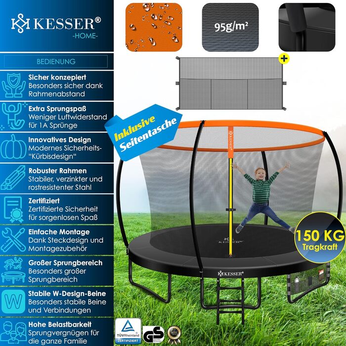 Трамплін KESSER® Ø 244/305/366/427 см | Сертифікований TÜV Rheinland GS | Дитячий та вуличний тромплін до 150 кг | Комплект з сіткою безпеки (366 см, Оранжевий / Антрацит)